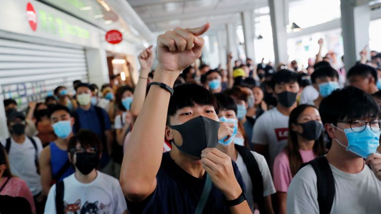 Protesters at a demonstration in Tung Chung station in Hong Kong