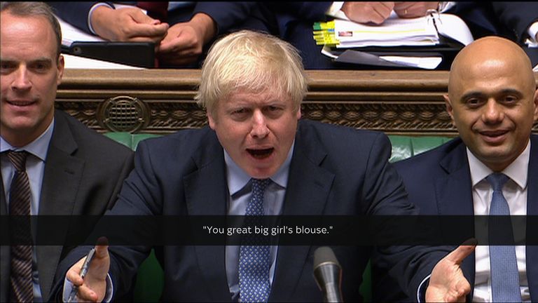 Boris Johnson appeared to call Labour leader Jeremy Corbyn a &#34;great big girl&#39;s blouse&#34; in the House of Commons.