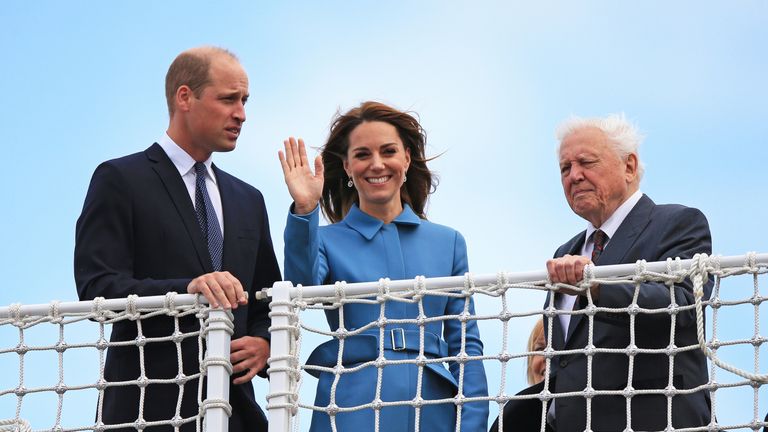 The Duke and Duchess of Cambridge join Sir David Attenborough for the naming ceremony of the polar research ship, which the public voted to call Boaty McBoatface, at the Cammell Laird shipyard in Birkenhead, Merseyside. PA Photo. Picture date: Thursday September 26, 2019. See PA story ROYAL Cambridge . Photo credit should read: Peter Byrne/PA Wire
