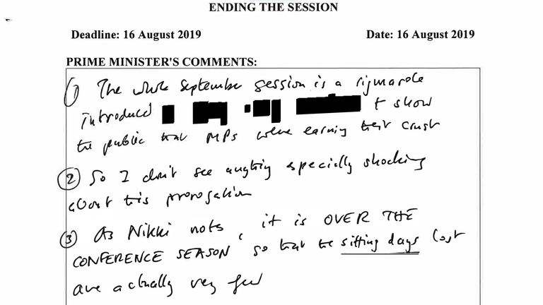 Mr Johnson&#39;s hand-written note shows that he approved suggestions from advisors Dominic Cummings and Nikki Da Costa to shut down parliament weeks before he announced his intention to do so