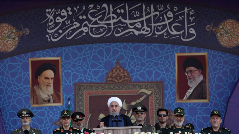 Iranian President Hassan Rouhani speaks during the National Army Day parade