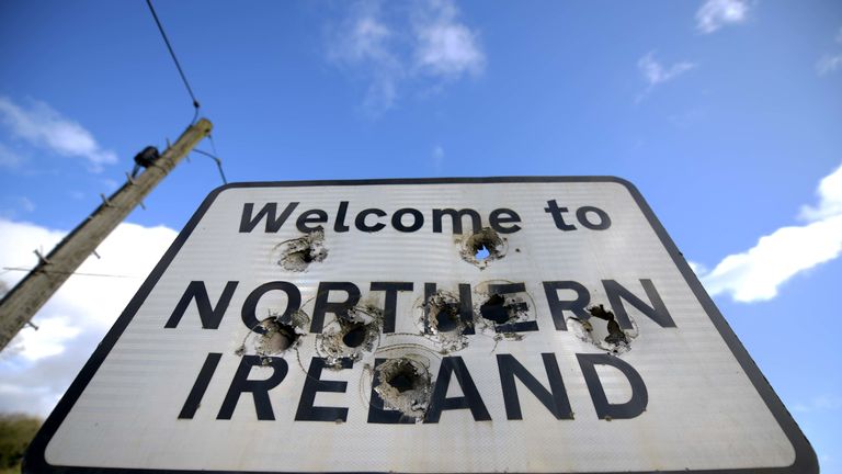 BALLYCONNELL, IRELAND - FEBRUARY 22: A Welcome to Northern Ireland sign is marked with bullet holes on February 22, 2019 in Ballyconnell, Ireland. Britain will leave the European Union on March 29 following the referendum in 2016. Many people in Northern Ireland are concerned about a return of a so called hard border which could lead to a return to the violence of the Troubles. (Photo by Charles McQuillan/Getty Images)