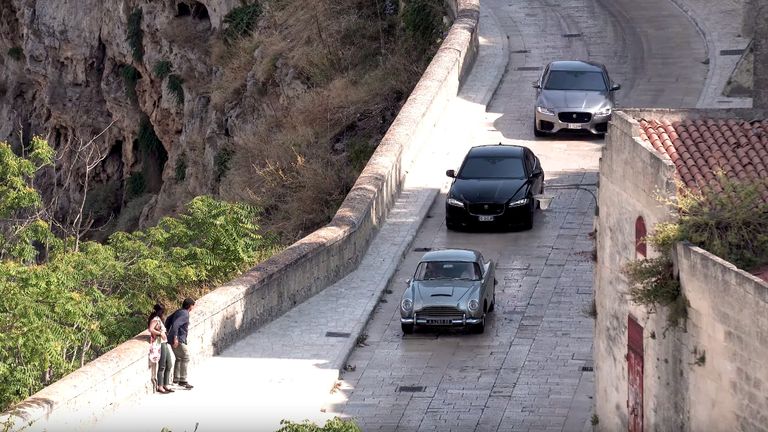 A car chase on the set of the new James Bond movie No Time to Die in Matera, Italy. Pic: Fabio Dell&#39;Aquila / Reuters 