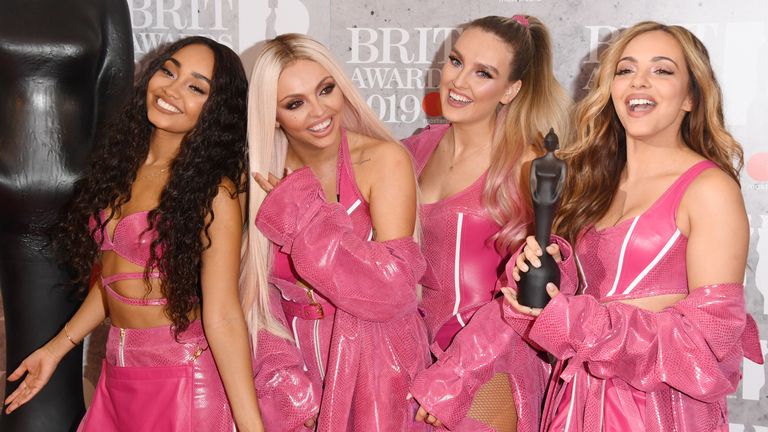 Perrie Edwards, Jesy Nelson, Jade Thirlwall and Leigh-Anne Pinnock of &#39;Little Mix&#39; in the winners room during The BRIT Awards 2019 held at The O2 Arena on February 20, 2019 in London, England