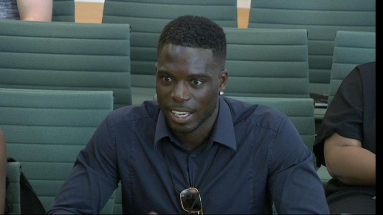 Love Island star Marcel Sommerville giving evidence in front of parliament.