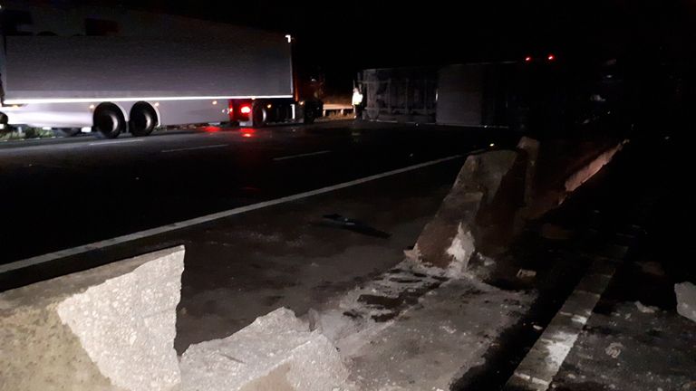 The M6 was closed in both directions in Staffordshire after a lorry crashed through the central reservation. Pic: Highways England