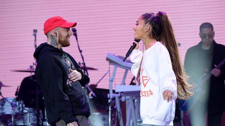 Mac Miller and Ariana Grande perform on stage during the One Love Manchester Benefit Concert at Old Trafford on June 4, 2017 in Manchester, England