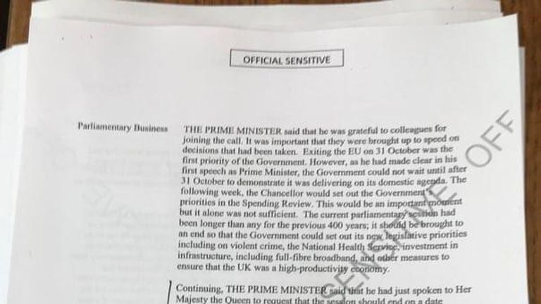 The redacted version of the document obtained by Sky News