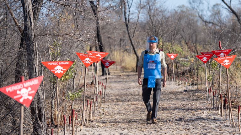 The Duke of Sussex walks through a minefield in Dirico, Angola, during a visit to see the work of landmine clearance charity the Halo Trust