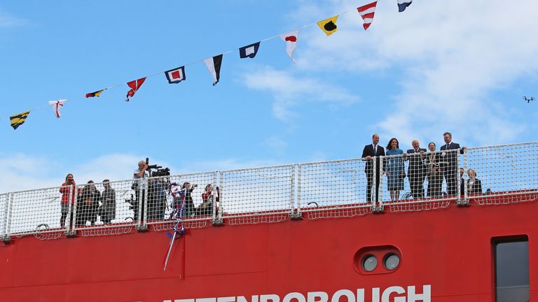 William and Kate stand with Sir David during the naming ceremony of the polar research ship