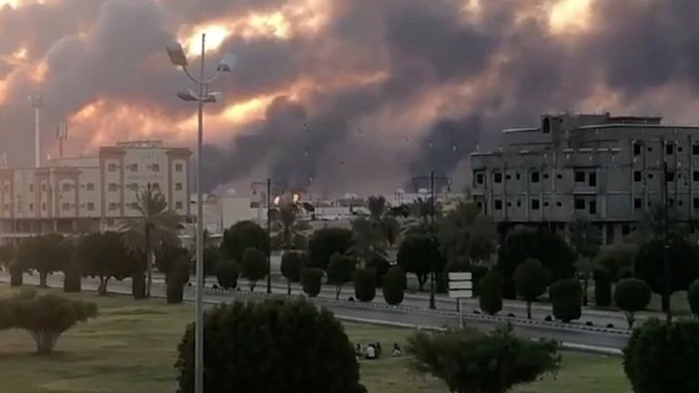 Smoke is seen following a fire at an Aramco factory