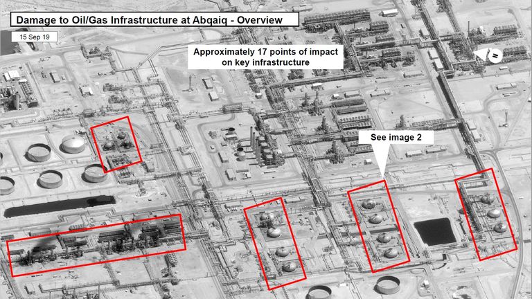 A satellite image showing damage to oil/gas Saudi Aramco infrastructure at Abqaiq, in Saudi Arabia 