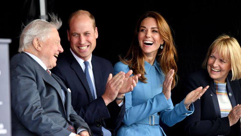 Sir David (L), William and Kate react to speeches during the naming ceremony