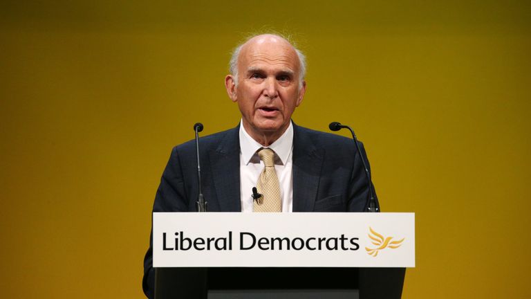 Former Lib Dem leader Sir Vince Cable speaks during the Liberal Democrats autumn conference at the Bournemouth International Centre in Bournemouth. PA Photo. Picture date: Sunday September 15, 2019. See PA sory LIBDEMS Main. Photo credit should read: Jonathan Brady/PA Wire
