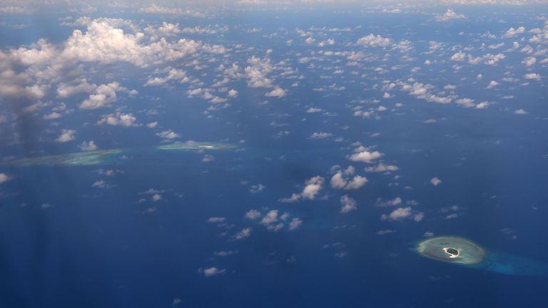 An aerial view of the disputed Spratly islands in the South China Sea