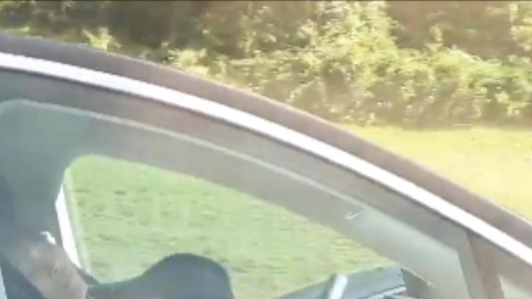 The clip shows the driver of the Tesla with his head bowed and motionless, seemingly asleep. Another person is seen sleeping in the passenger seat.