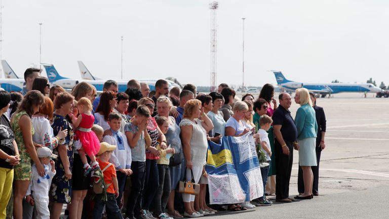 Relatives of Ukrainian prisoners, included in the Russia-Ukraine prisoner swap, wait for their arrival at Borispil International Airport outside Kiev, Ukraine September 7, 2019