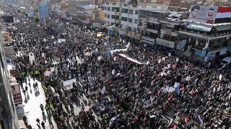 Thousands of Houthi followers rallied in Sanaa to mark the fifth anniversary of their movement&#39;s takeover of the capital