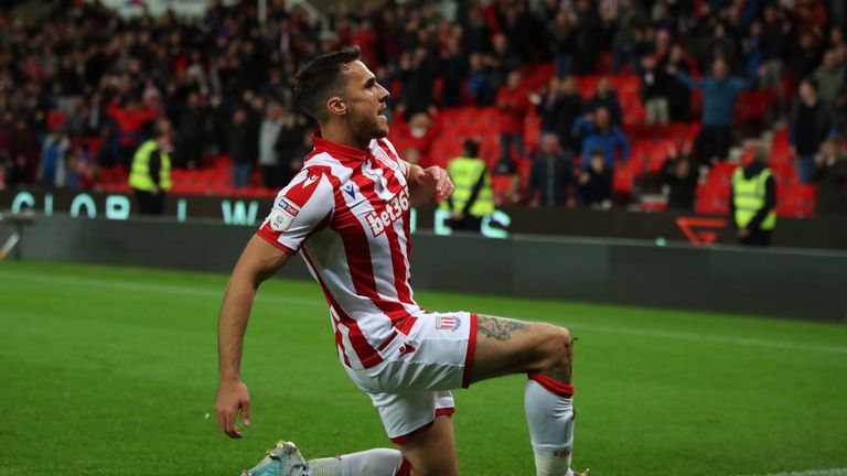 Stoke City&#39;s Lee Gregory celebrates scoring his side&#39;s first goal of the game during the Sky Bet Championship match at the Bet365 Stadium, Stoke. PA Photo. Picture date: Friday September 27, 2019. See PA story SOCCER Stoke. Photo credit should read: Nick Potts/PA Wire. RESTRICTIONS: EDITORIAL USE ONLY No use with unauthorised audio, video, data, fixture lists, club/league logos or "live" services. Online in-match use limited to 120 images, no video emulation. No use in betting, games or single club/league/player publications.