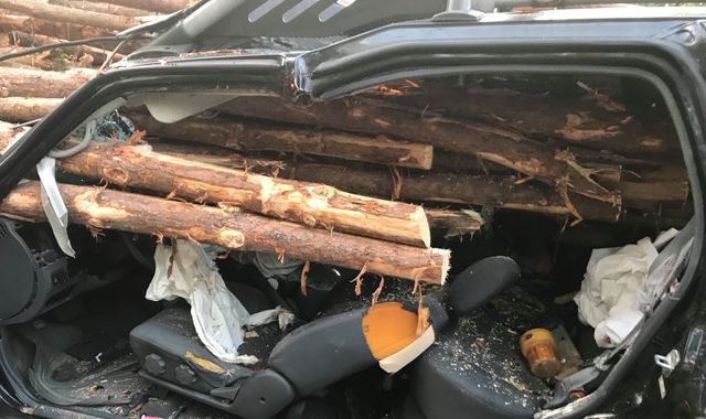 Man miraculously survives his car being impaled by logs from a truck
