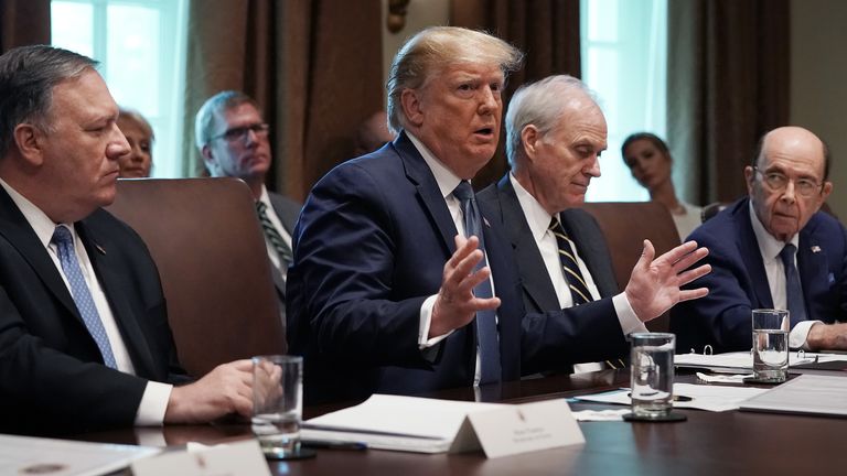 WASHINGTON, DC - JULY 16: U.S. President Donald Trump (C) talks with journalists during a cabinet meeting with (L-R) Secretary of State Mike Pompeo, acting Defense Secretary Richard Spencer, Commerce Secretary Wilbur Ross and others at the White House July 16, 2019 in Washington, DC. Trump and members of his administration addressed a wide variety of subjects, including Iran, opportunity zones, drug prices, HIV/AIDS, immigration and other subjects for more than an hour. (Photo by Chip Somodevilla/Getty Images)