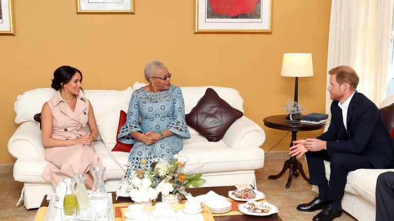 The Duke and Duchess of Sussex meet Graca Machel, widow of the late Nelson Mandela, on the last day of their tour in Africa.