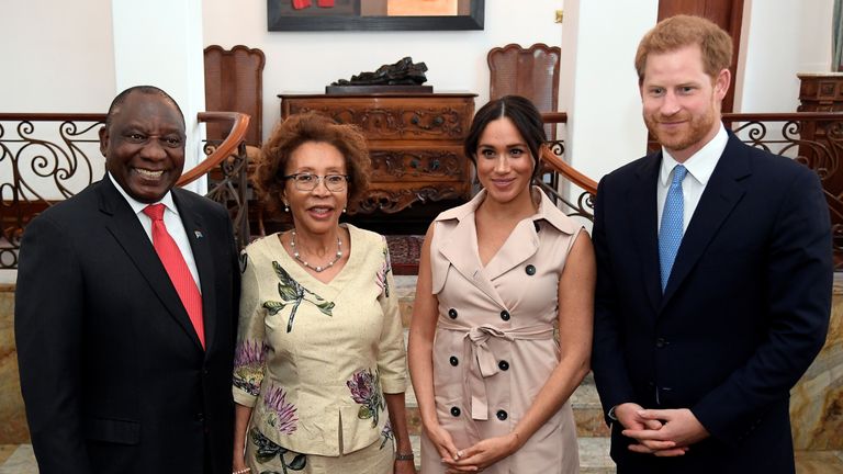 The Duke and Duchess of Sussex meet South African President Cyril Ramaphosa and his wife Tshepo Motsepe at Presidential Official Residence in Pretoria, South Africa, on day ten of their tour in Africa.