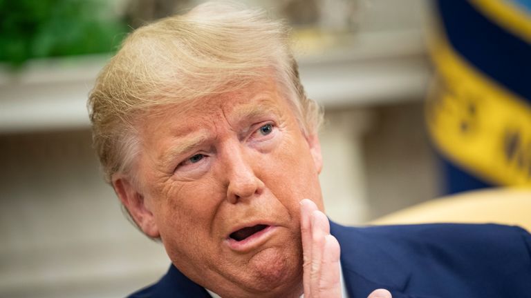 US President Donald Trump speaks to the press during a meeting with President of Finland Sauli Niinisto at the White House October 2, 2019, in Washington, DC. (Photo by Brendan Smialowski / AFP) (Photo by BRENDAN SMIALOWSKI/AFP via Getty Images)