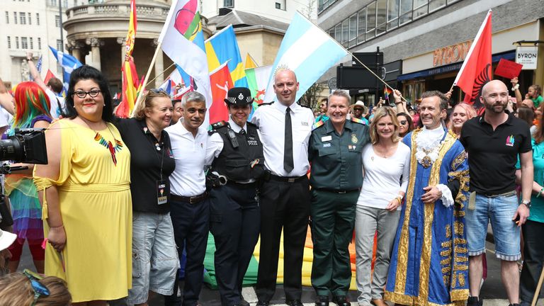 Night Czar Amy Lame (left), Mayor of London Sadiq Khan (third left) and Education Secretary Justine Greening (third right) during the Pride in London Parade in central London.