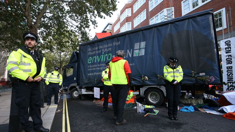 A lorry blocks Marsham Street, outside the entrance to the Home Office, amid demonstrations by Extinction Rebellion (XR) in Westminster, London.