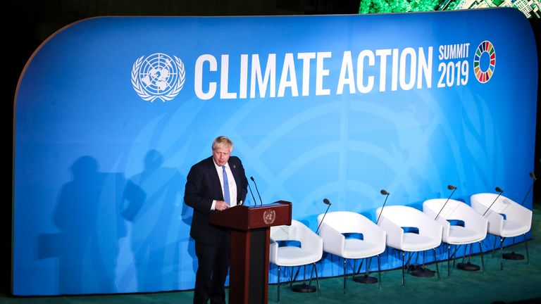 NEW YORK, NY - SEPTEMBER 23: British Prime Minister Boris Johnson speaks at the United Nations Climate Action Summit at UN headquarters on September 23, 2019 in New York City. While the U.S. will not be participating in the day-long event, China and about 70 other countries are expected to make announcements concerning climate change. The summit at the U.N. comes after a worldwide Youth Climate Strike on Friday, which saw millions of young people around the world demanding action to address the climate crisis. (Photo by Drew Angerer/Getty Images)