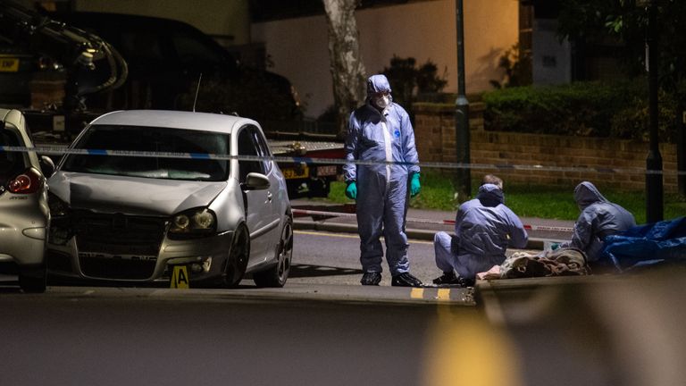 Police forensics officers at the scene of a fatal stabbing on Barnehurst Avenue, in Bexley, south east London. The 20-year-old man who died after he was stabbed in the chest was Londons sole knife crime fatality over the weekend.