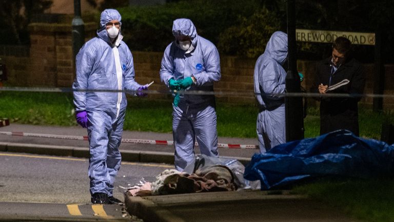 Police forensics officers at the scene of a fatal stabbing on Barnehurst Avenue, in Bexley, south east London. The 20-year-old man who died after he was stabbed in the chest was Londons sole knife crime fatality over the weekend.
