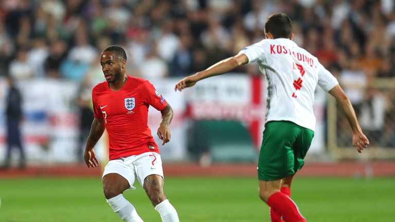 SOFIA, BULGARIA - OCTOBER 14: Raheem Sterling of England is closed down by Georgi Kostadinov of Bulgaria during the UEFA Euro 2020 qualifier between Bulgaria and England on October 14, 2019 in Sofia, Bulgaria. (Photo by Catherine Ivill/Getty Images)