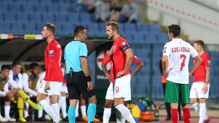 SOFIA, BULGARIA - OCTOBER 14: Harry Kane of England questions referee Ivan Bebek during the UEFA Euro 2020 qualifier between Bulgaria and England on October 14, 2019 in Sofia, Bulgaria. (Photo by Catherine Ivill/Getty Images)