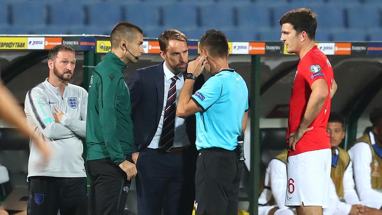 SOFIA, BULGARIA - OCTOBER 14: Gareth Southgate, Manager of England speaks with referee Vasil Levski during the UEFA Euro 2020 qualifier between Bulgaria and England on October 14, 2019 in Sofia, Bulgaria. (Photo by Catherine Ivill/Getty Images)