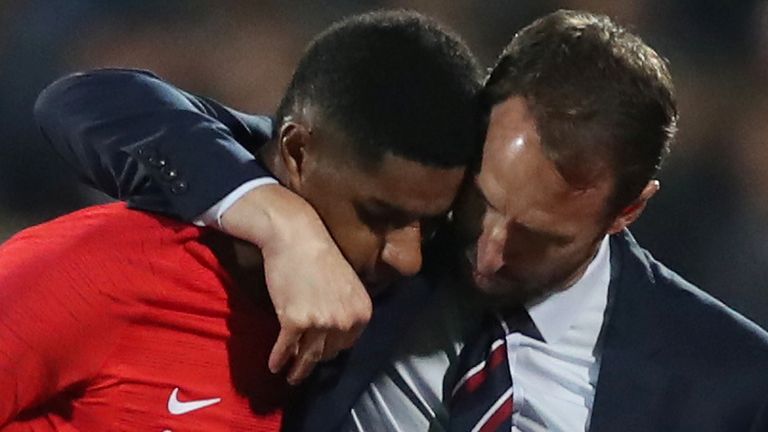 Soccer Football - Euro 2020 Qualifier - Group A - Bulgaria v England - Vasil Levski National Stadium, Sofia, Bulgaria - October 14, 2019  England's Marcus Rashford with manager Gareth Southgate after being substituted off  Action Images via Reuters/Carl Recine
