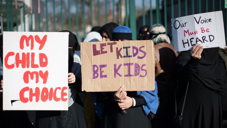 File photo dated 28/03/19 of parents, children and protestors demonstrating against the lessons about gay relationships and LGBT rights at the Anderton Park Primary School in Birmingham. An injunction has been granted against the protesters who have been demonstrating for weeks outside the school.