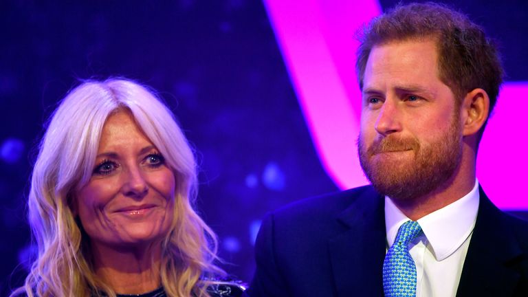 The Duke of Sussex reacts next to television presenter Gaby Roslin as he delivers a speech during the annual WellChild Awards at the Royal Lancaster Hotel, London.