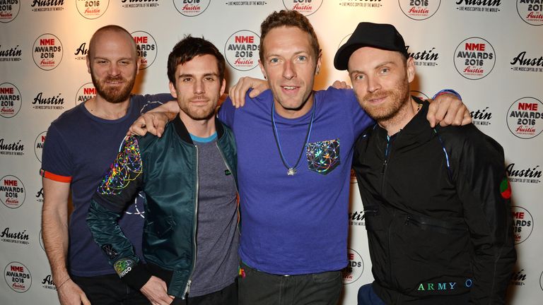 LONDON, ENGLAND - FEBRUARY 17:  (L to R) Will Champion, Guy Berryman, Chris Martin and Jonny Buckland of Coldplay attend the NME Awards with Austin, Texas, at the O2 Academy Brixton on February 17, 2016 in London, England.  (Photo by David M. Benett/Dave Benett/Getty Images)