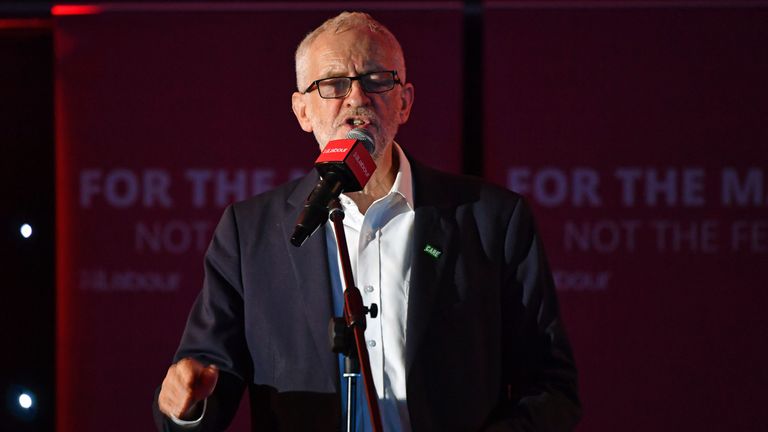 Britain's main opposition Labour Party leader Jeremy Corbyn speaks during a rally in Liverpool on October 19, 2019, alongside leading members of the Shadow Cabinet. - British MPs voted on Saturday to a delay Brexit while they further consider the new EU divorce deal but the prime minister defiantly insisted Britain will still leave on October 31. (Photo by Paul ELLIS / AFP) (Photo by PAUL ELLIS/AFP via Getty Images)