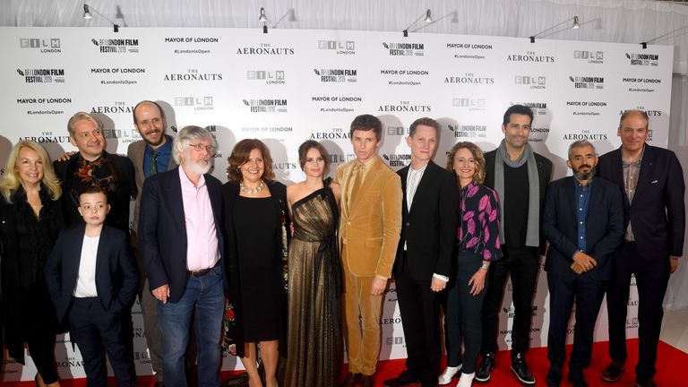 LONDON, ENGLAND - OCTOBER 07: Cast members and guests including
Lewin Lloyd, Felicity Jones, Eddie Redmayne, Jack Thornea, Rebecca Front, Tom Harper and Todd Lieberman attend "The Aeronauts" UK Premiere during the 63rd BFI London Film Festival at the Odeon Luxe Leicester Square on October 07, 2019 in London, England. (Photo by Dave J Hogan/Getty Images)