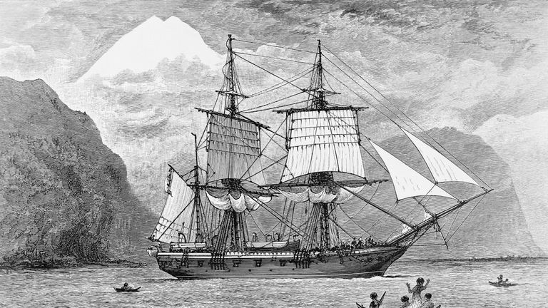 (Original Caption) 1890-Illustration of the H.M.S. Beagle carrying Charles Darwin's expedition in the Straits of Magellan, Mt. Sarmiento in the distance.
