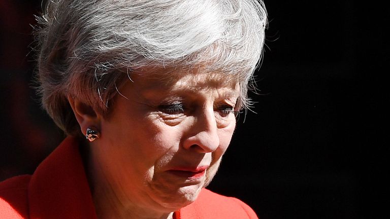 LONDON, ENGLAND - MAY 24:  Prime Minister Theresa May makes a statement outside 10 Downing Street on May 24, 2019 in London, England. The prime minister has announced that she will resign on Friday, June 7, 2019.  (Photo by Leon Neal/Getty Images)