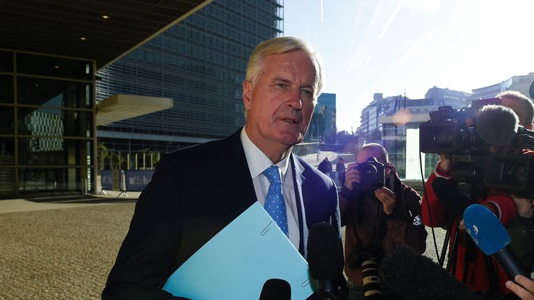 EU chief Brexit negotiator Michel Barnier (C) answers journalists' questions as he arrives at the European Commission for a meeting with EU ambassadors on the extension to the Brexit deadline in Brussels, on October 28, 2019. (Photo by JOHN THYS / AFP) (Photo by JOHN THYS/AFP via Getty Images)