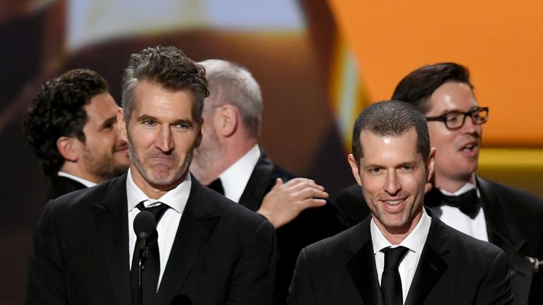 LOS ANGELES, CALIFORNIA - SEPTEMBER 22: (L-R) David Benioff and D. B. Weiss accept the Outstanding Drama Series award for 'Game of Thrones' onstage during the 71st Emmy Awards at Microsoft Theater on September 22, 2019 in Los Angeles, California. (Photo by Kevin Winter/Getty Images)