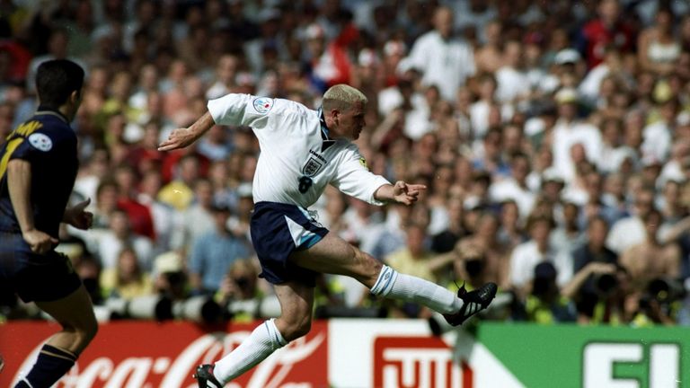 June 15, 1996: England's Paul Gascoigne scores his second goal during the European Championship match against Scotland at Wembley Stadium in London.  England won the match 2-0.  Compulsory Credit: Stew Forster / AllSport