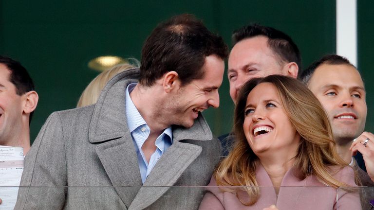 Andy Murray and Kim Murray watch the racing as they attend day 2 &#39;Ladies Day&#39; of the Cheltenham Festival at Cheltenham Racecourse on March 13, 2019 in Cheltenham, England