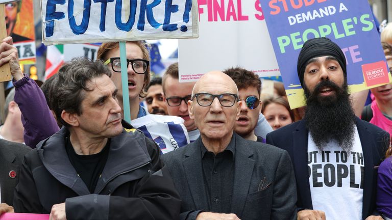 Stephen McGann and Sir Patrick Stewart join protesters in an anti-Brexit, Let Us Be Heard march on Old Park Lane