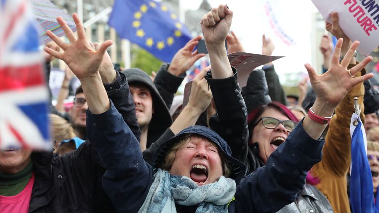 EU supporters react after the result of the vote on the deal delay was announced at the House of Commons